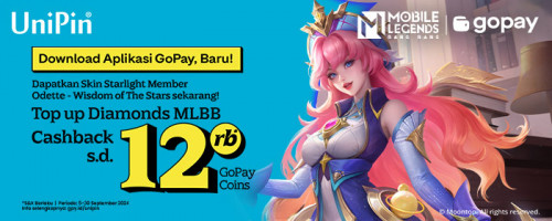 Top up diamonds MLBB di UniPin Cashback 12Ribu GoPay Coins. Mainkan Starlight Member Dapatkan Skin Odette!